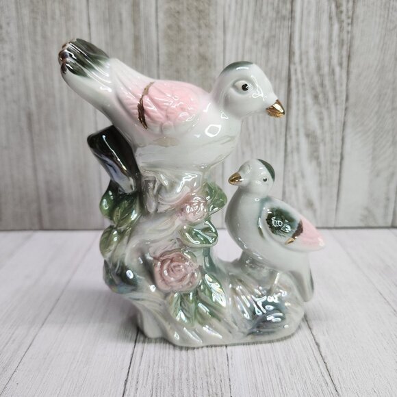 Vintage Iridescent Luster Birds on Branch Figurine Porcelain 5'' Tall - Picture 1 of 6